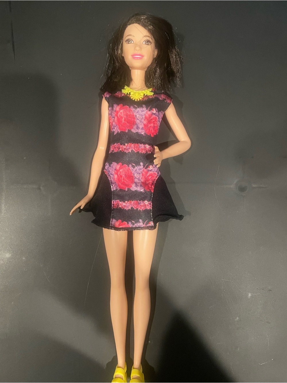Barbie Fashionista Doll Black Floral Mini Dress with Pink Rose Print
